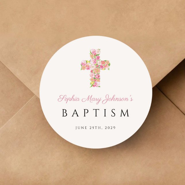 Elegant Religious Pink Floral Cross Baptism Classic Round Sticker (Elegant Religious Pink Floral Cross Baptism Classic Round Sticker)