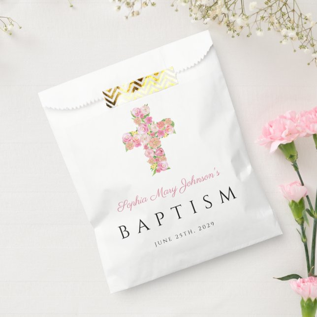 Elegant Religious Pink Floral Cross Baptism Favour Bags (Sealed)