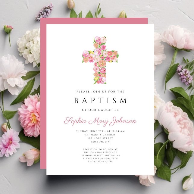 Elegant Religious Pink Floral Cross Baptism Invitation (Elegant Religious Pink Floral Cross Baptism Invitation)