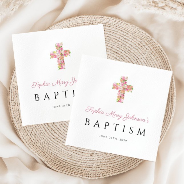 Elegant Religious Pink Floral Cross Baptism Napkin (Elegant Religious Pink Floral Cross Baptism Napkins)
