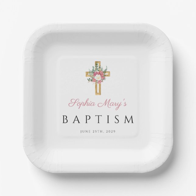 Elegant Religious Pink Floral Girl Baptism Paper Plate (Front)