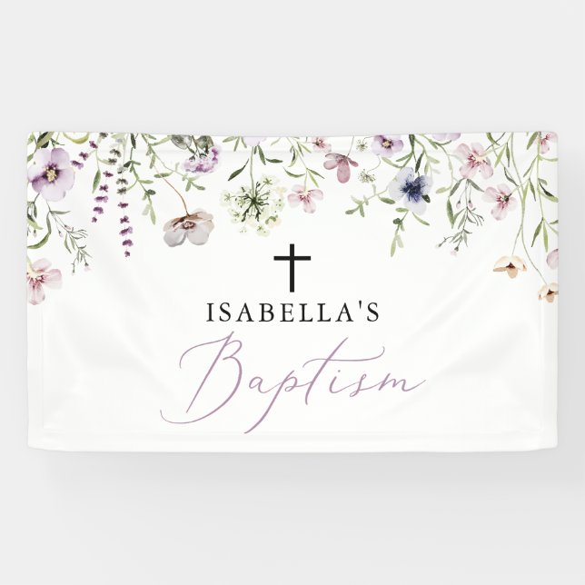 Elegant Religious Pink Wildflower Girl Baptism Banner (Horizontal)