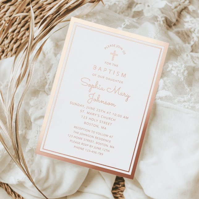 Elegant  Religious Rose Gold Cross Script Baptism (Elegant Religious Rose Gold Cross Script Baptism Foil Invitation)
