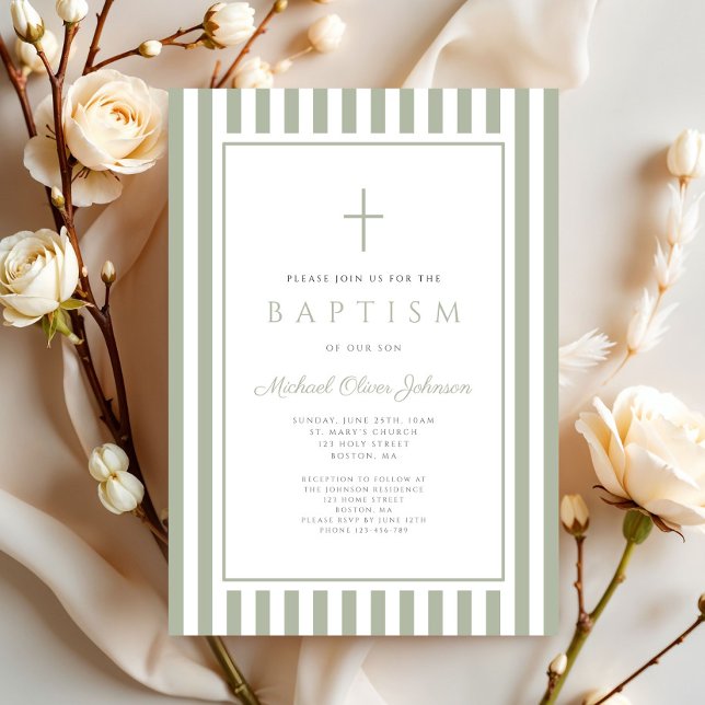 Elegant Religious Sage Green Boy Baptism Invitation (Elegant Religious Sage Green Boy Baptism Invitation)