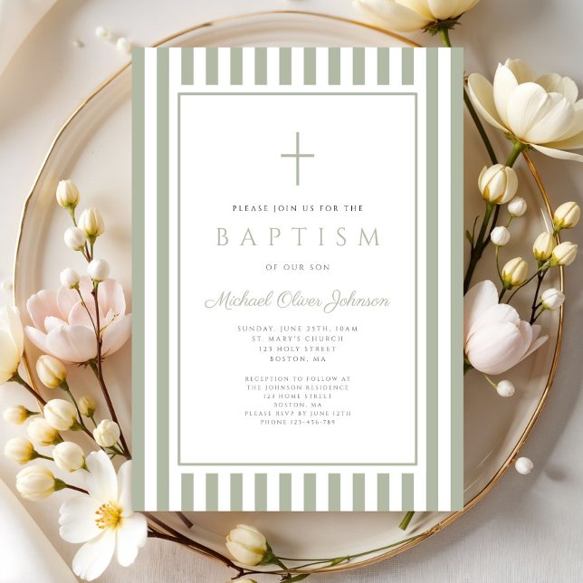 Elegant Religious Sage Green Boy Baptism Invitation (Elegant Religious Sage Green Boy Baptism Invitation)