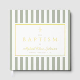 Elegant Religious Sage Green Stripes Baptism Guest Book
