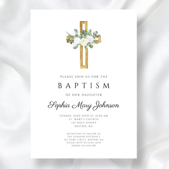 Elegant Religious White Floral Girl Baptism Invitation (Elegant Religious White Floral Girl Baptism Invitation)