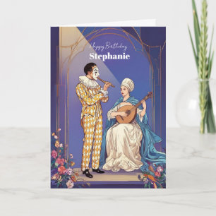 Elegant Renaissance Birthday Card – Musical Harleq