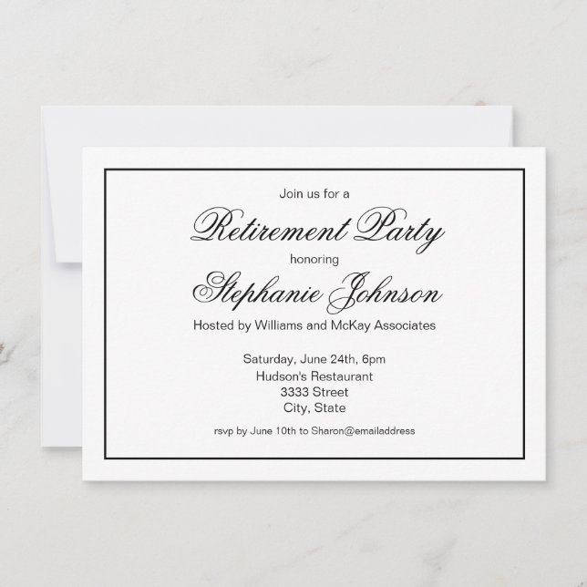 Elegant Retirement Black and White Script Party Invitation (Front)