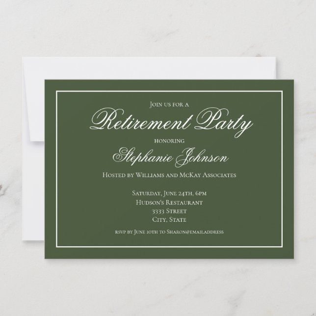 Elegant Retirement Dark Green Party Invitation (Front)