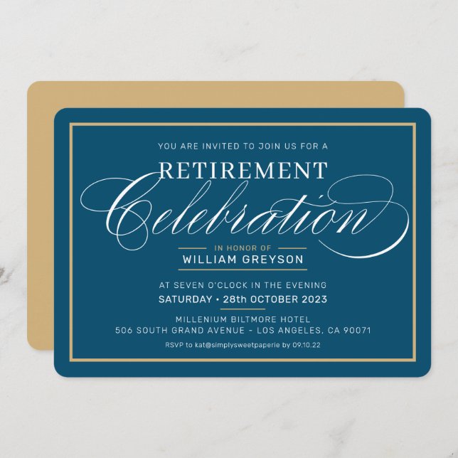 ELEGANT RETIREMENT DINNER modern dark blue gold Invitation (Front/Back)