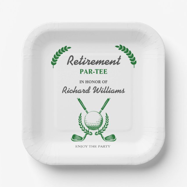 Elegant Retirement Golf Club Wreath Themed Party Paper Plate (Front)