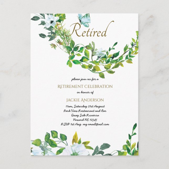 Elegant RETIREMENT Invitations Botanical Floral (Front)