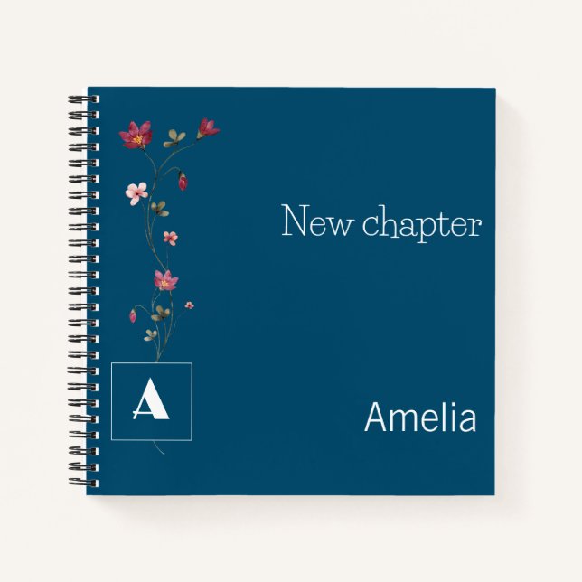Elegant retirement monogram floral name dark blue notebook (Front)