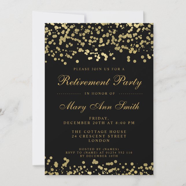Elegant Retirement Party Gold Foil Confetti Invitation (Front)