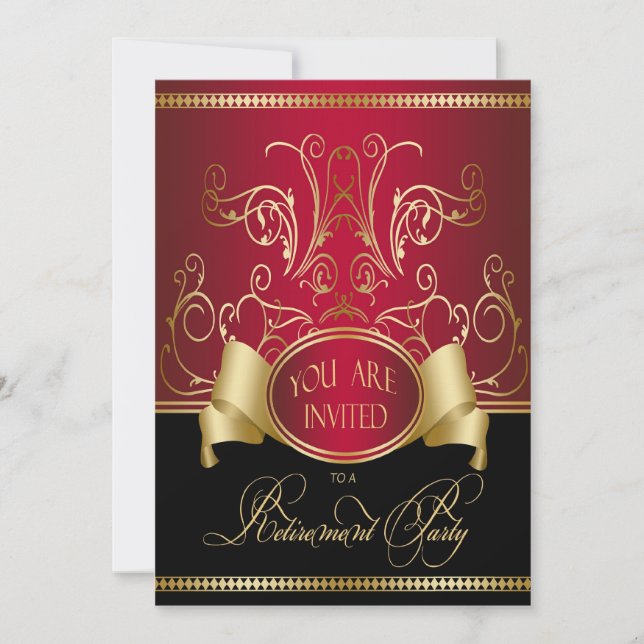 Elegant Retirement Party Invitation Red Gold & Bla (Front)