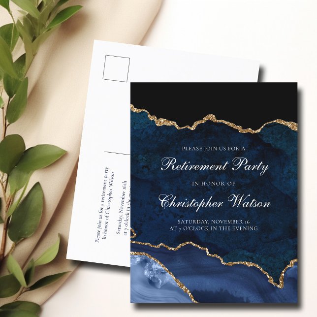 Elegant Retirement Party Navy Blue Gold Agate  Invitation Postcard (Creator Uploaded)