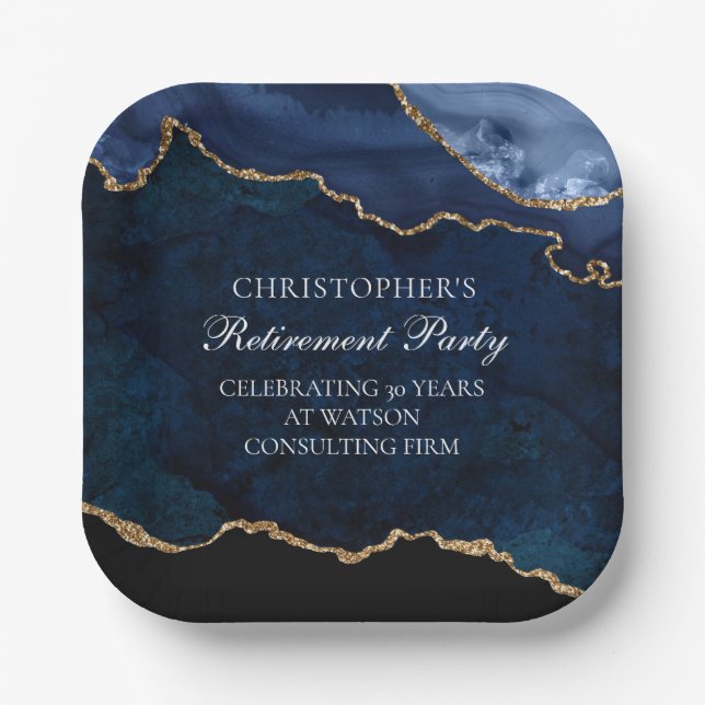 Elegant Retirement Party Navy Blue Gold Agate  Paper Plate (Front)