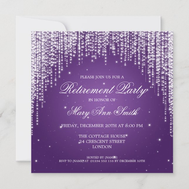 Elegant Retirement Party Night Dazzle Purple Invitation (Front)