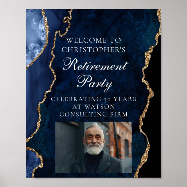Elegant Retirement Party Photo Navy Blue Gold Poster (Front)