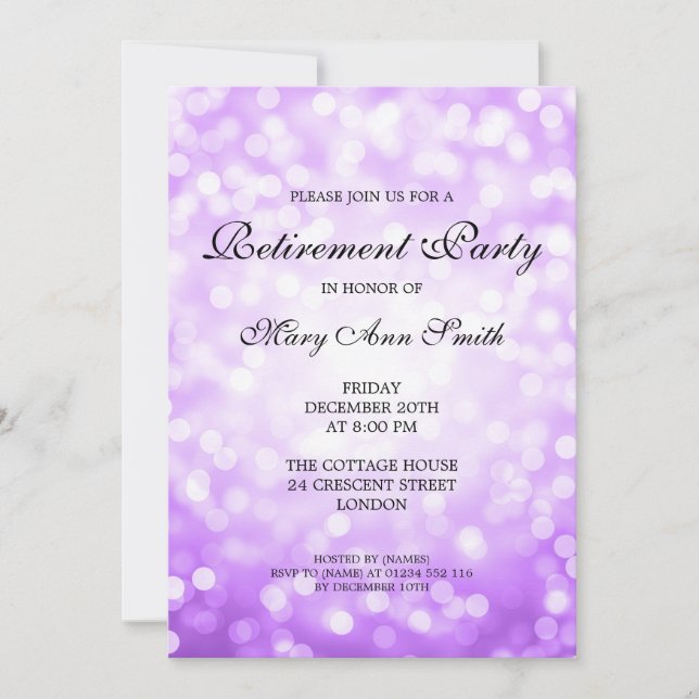 Elegant Retirement Party Purple Glitter Lights Invitation (Front)