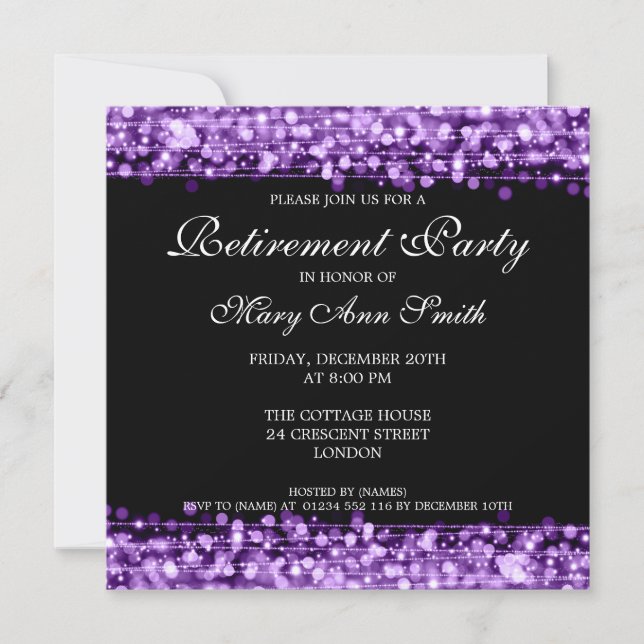 Elegant Retirement Party Purple Sparkles Invitation (Front)