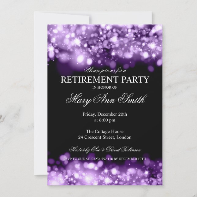 Elegant Retirement Party Purple Sparkling Lights Invitation (Front)