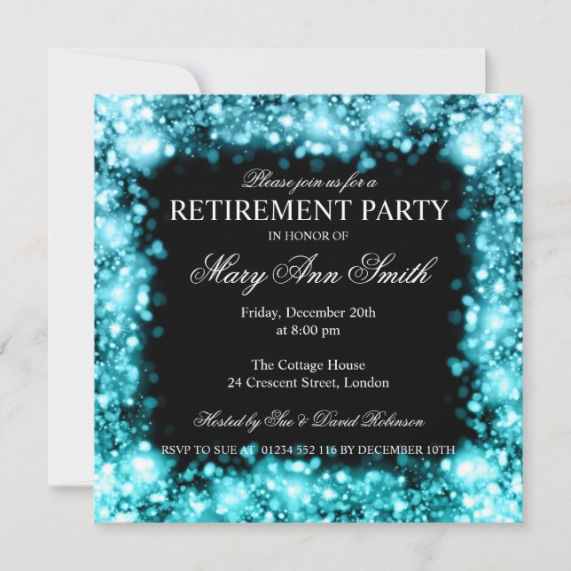 Elegant Retirement Party Sparkling Lights Turq Invitation (Front)