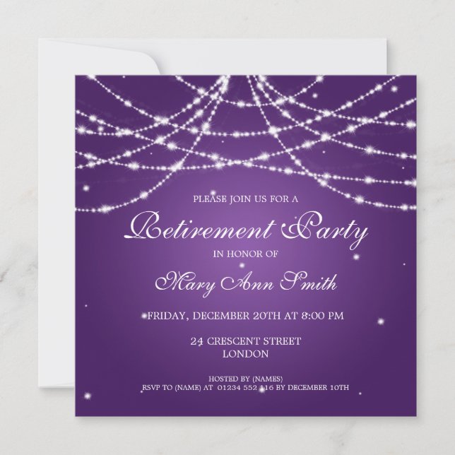 Elegant Retirement Party String of Stars Purple Invitation (Front)