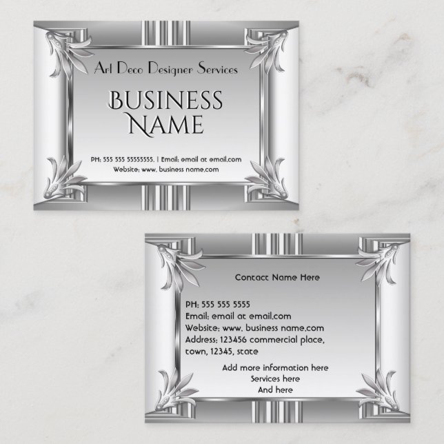 Elegant Retro Art Deco Silver Chrome Metal Business Card (Front/Back)