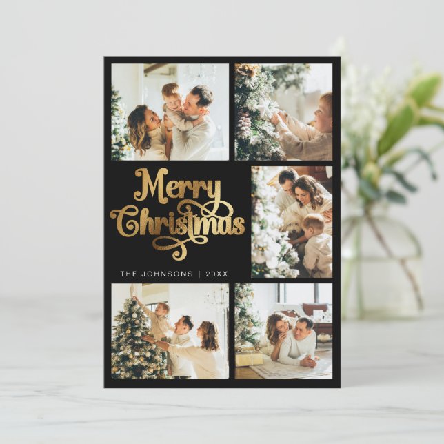 Elegant Retro Black & Gold Merry Christmas Family Holiday Card (Standing Front)