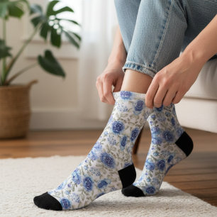 Elegant Retro Blue Floral Pattern Spring Botanical Socks