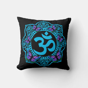 Elegant retro Blue ohm mandala purple butterflies Cushion