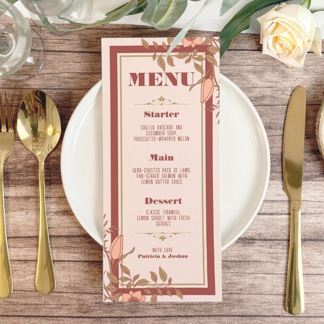 Elegant Retro Blush Floral Wedding Menu Card (Creator Uploaded)