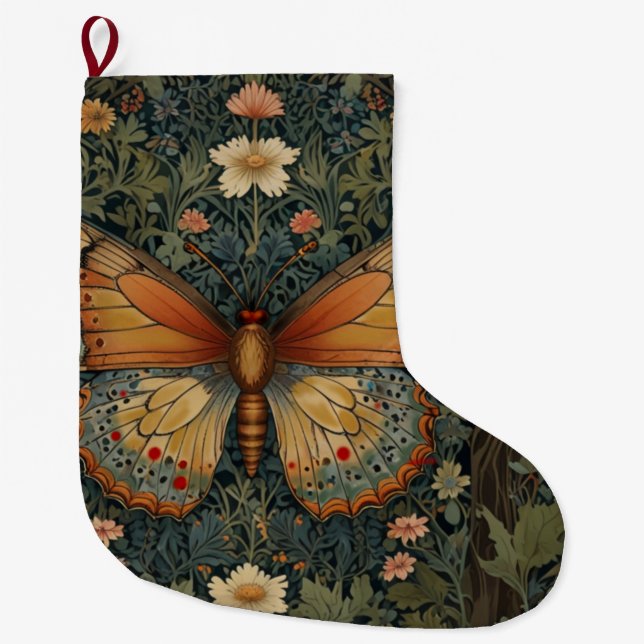 Elegant retro boho butterfly botanical greenery large christmas stocking (Front)