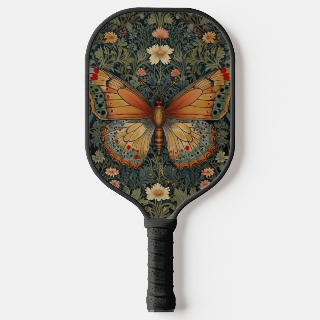 Elegant retro boho butterfly botanical greenery pickleball paddle (Front)