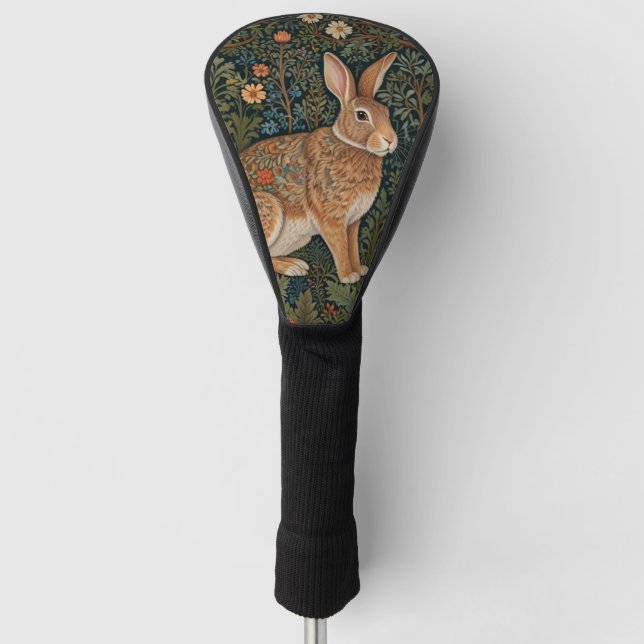 Elegant retro boho rabbit woodland floral golf head cover (Front)