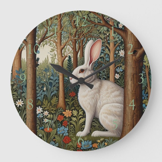 Elegant retro boho rabbit woodland floral large clock (Front)