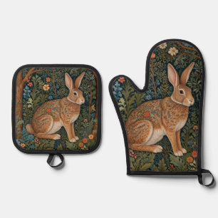 Elegant retro boho rabbit woodland floral oven mitt & pot holder set