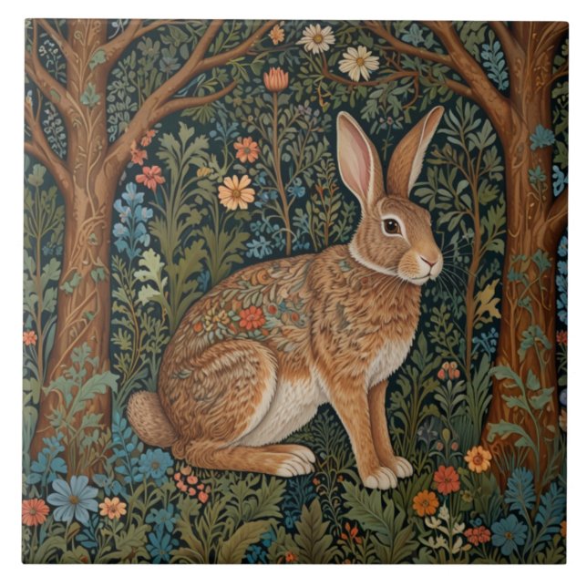 Elegant retro boho rabbit woodland floral tile (Front)