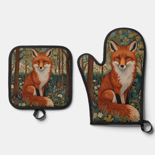 Elegant retro boho red fox woodland animal oven mitt & pot holder set (Front)