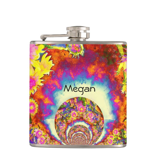 Elegant retro boho watercolor sunflower fields hip flask (Front)