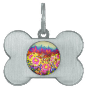 Elegant retro boho watercolor sunflower fields pet name tag