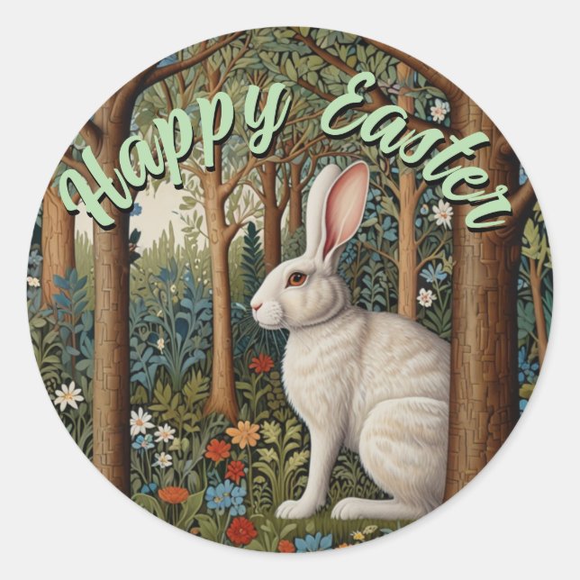 Elegant retro boho white rabbit woodland Easter Classic Round Sticker (Front)