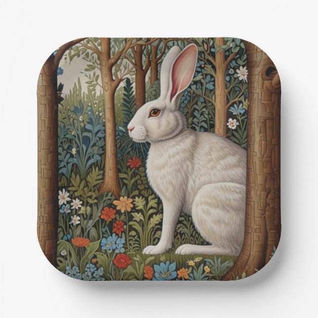Elegant retro boho white rabbit woodland floral paper plate (Front)