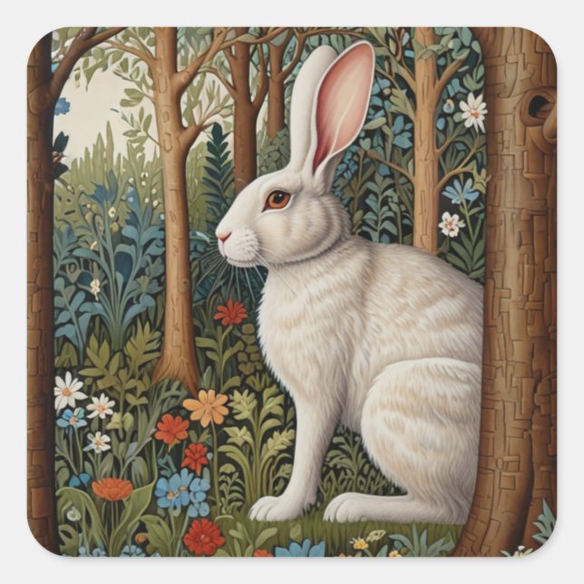 Elegant retro boho white rabbit woodland floral square sticker (Front)