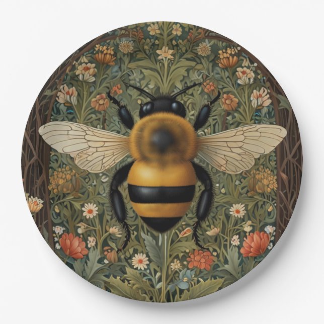 Elegant retro bumblebee boho botanical floral art paper plate (Front)
