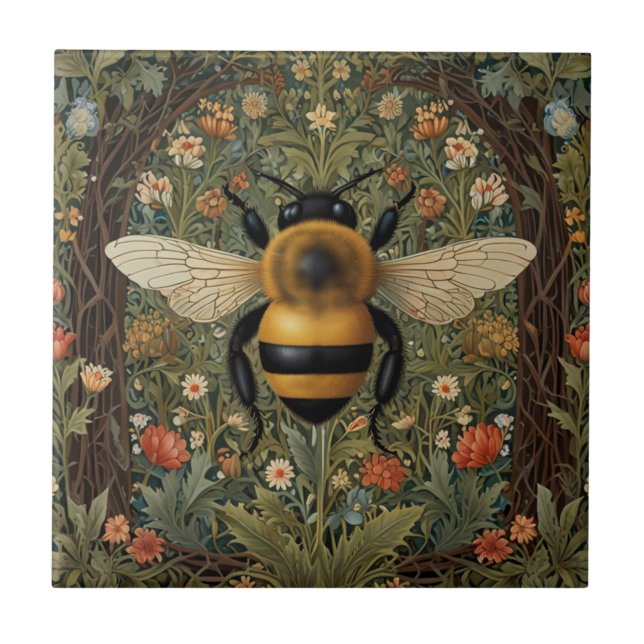 Elegant retro bumblebee boho botanical floral art tile (Front)