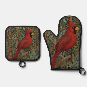 Elegant Retro Cardinal Art Nouveau red bird Oven Mitt & Pot Holder Set