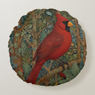 Elegant Retro Cardinal Art Nouveau red bird  Round Cushion